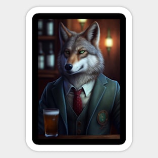 Wild And Classy Barkeeper Wolf In A Suit - Unique Wildlife Art Print For Fashion Lovers Sticker